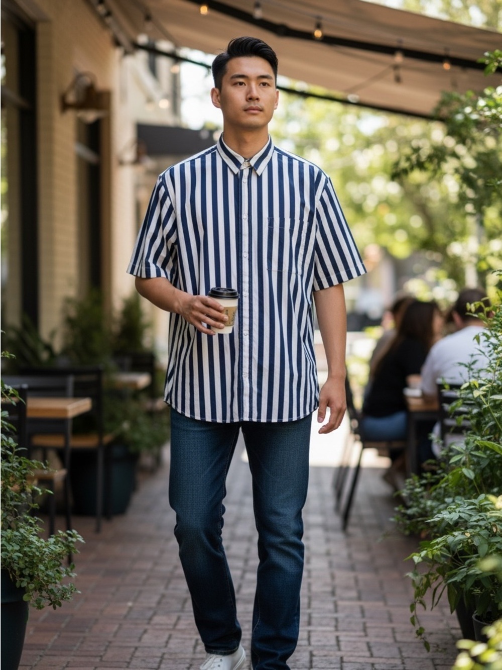H&M Men's Short-Sleeve Blue & White Button Down - Medium